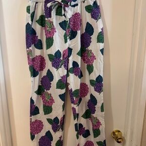 Anthropologie Floral Pajama Lounge Pants Cotton Drawstring White Purple Green S